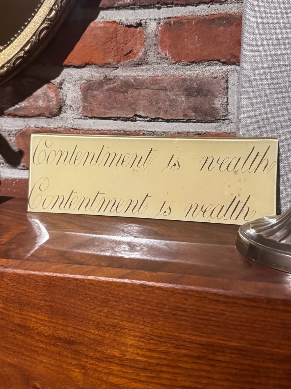 John Derian “Contentment Is Wealth” Decorative Plaque Sign 12x4